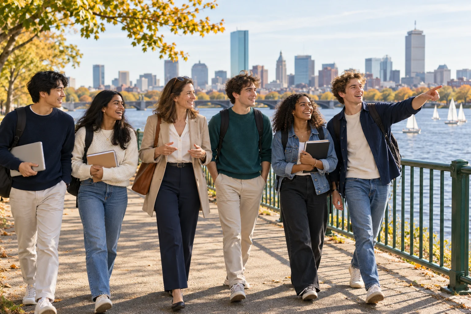 Giovani adulti e un’educatrice esplorano Boston insieme; scena illustrativa.