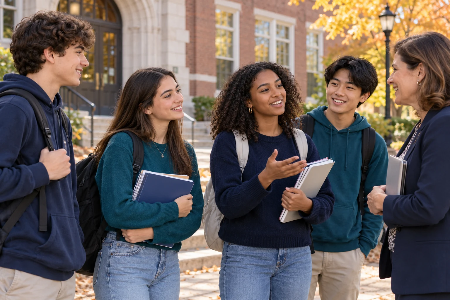 Studenti delle superiori e un’insegnante davanti a una scuola del New England; scena illustrativa.
