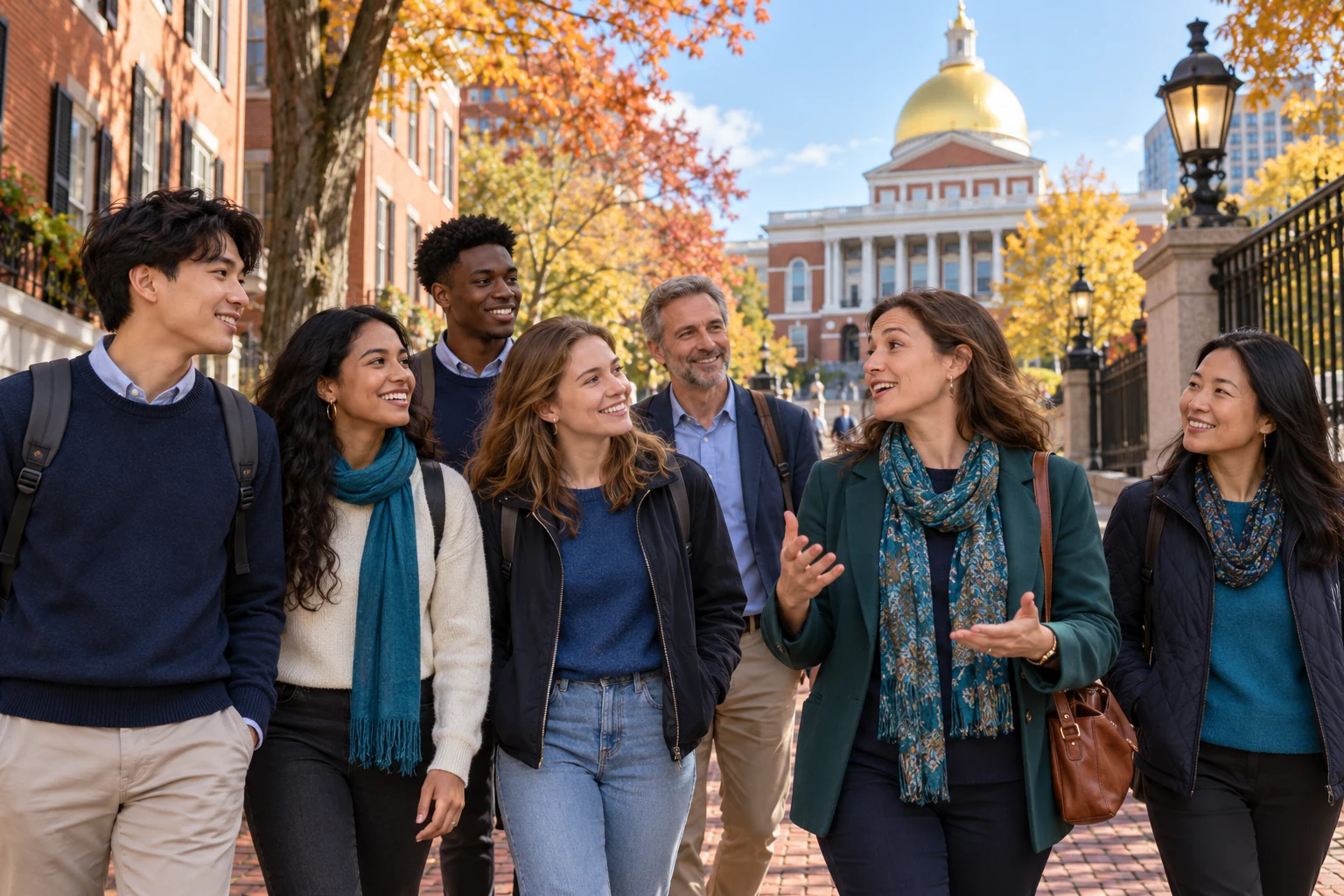Studenti e professionisti internazionali esplorano la Boston storica con una guida; scena illustrativa.